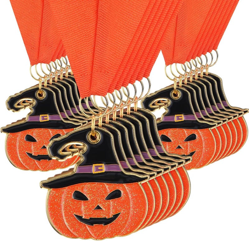 Loetere 20 Pcs Halloween Glitter Pumpkin Medals 2'' Pumpkin Carving Contest Awards Medals with Neck Ribbon Winner Participation Trophy Halloween Costume Party Supplies - Image 1